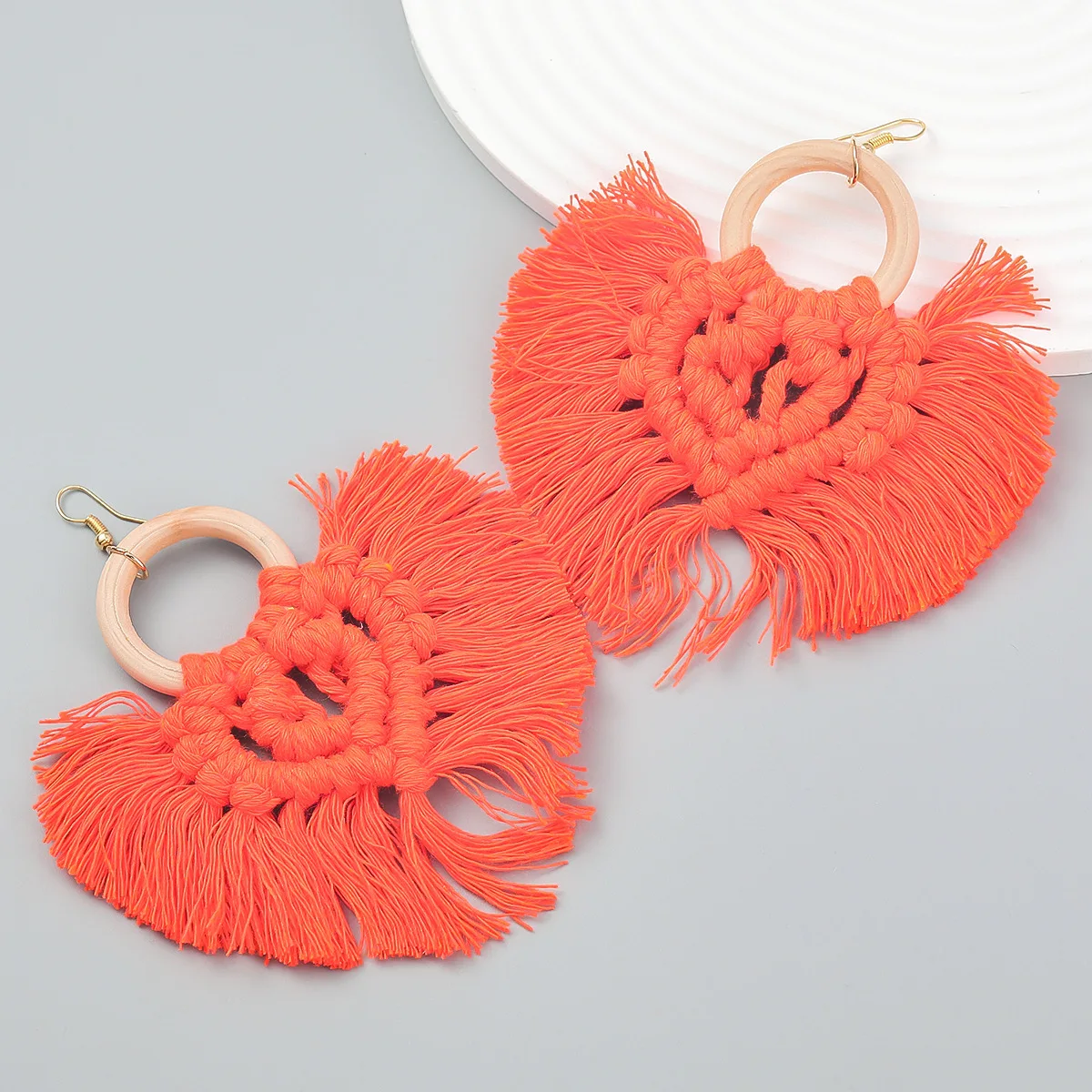 Boucle d'Oreille Bois Macramé Naturel