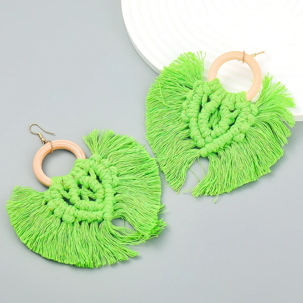 Boucle d'Oreille Bois Macramé Naturel