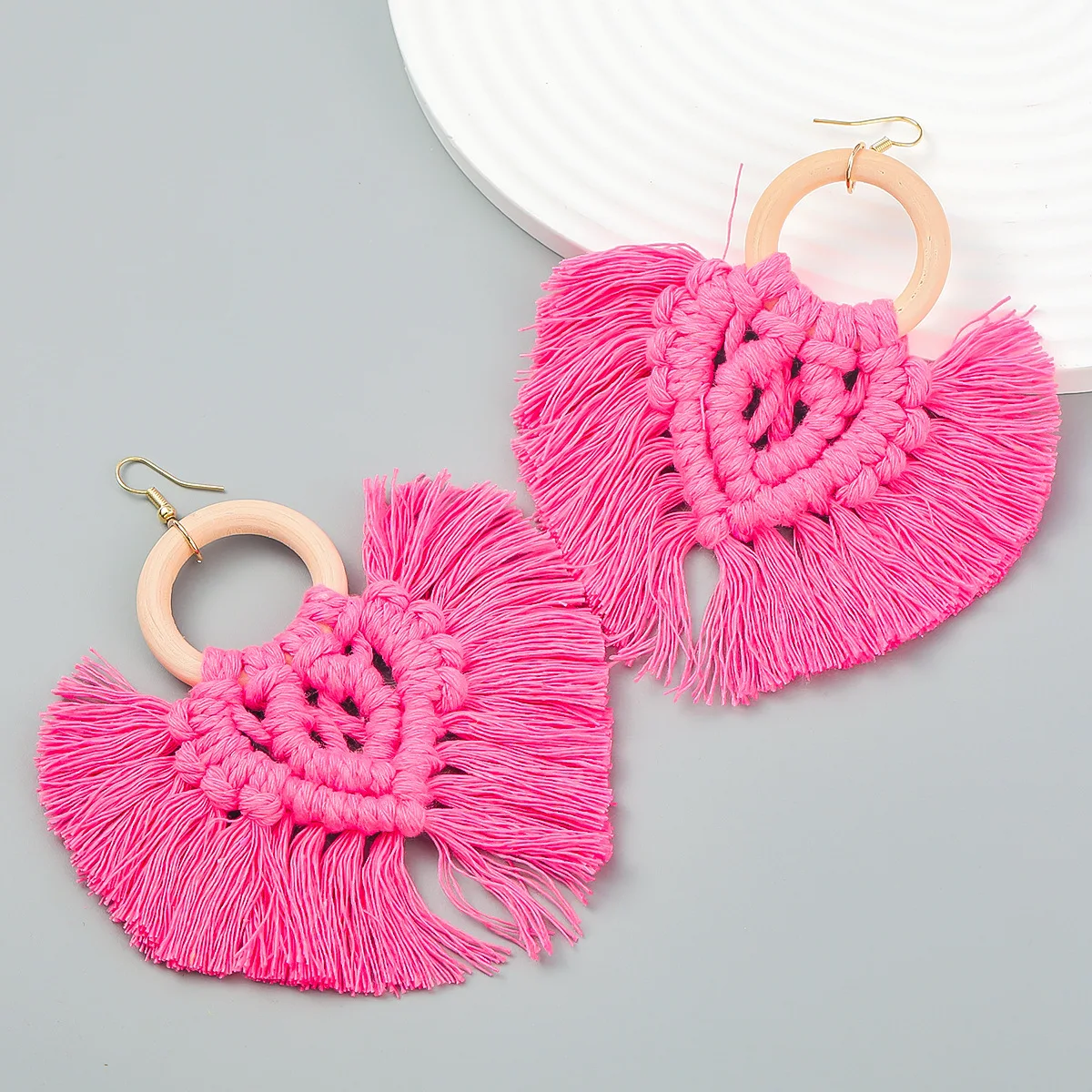 Boucle d'Oreille Bois Macramé Naturel