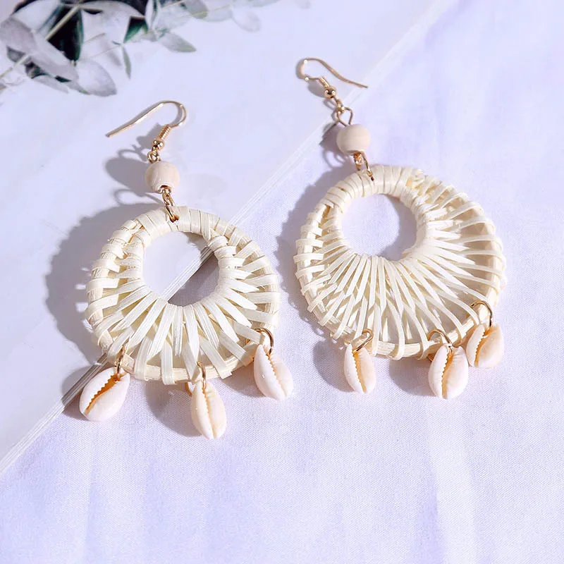 Boucle d'Oreille Macramé Coquillages Rotin