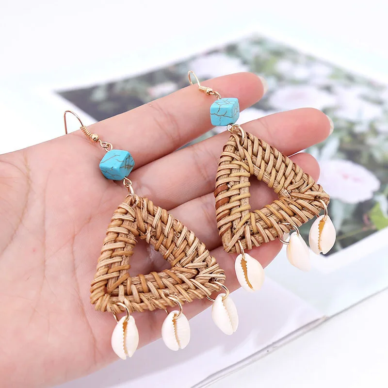 Boucle d'Oreille Macramé Coquillages Rotin