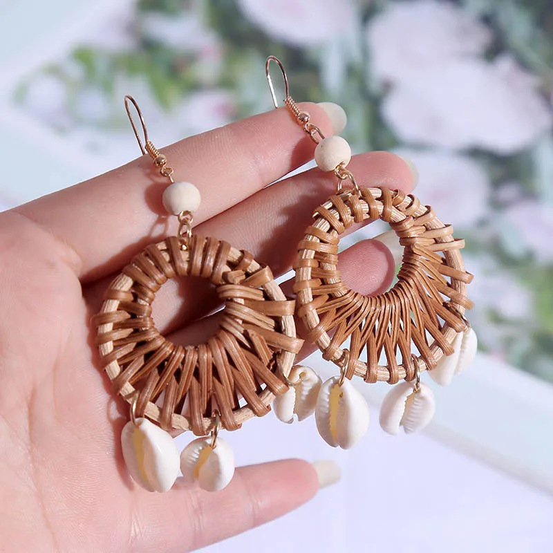 Boucle d'Oreille Macramé Coquillages Rotin