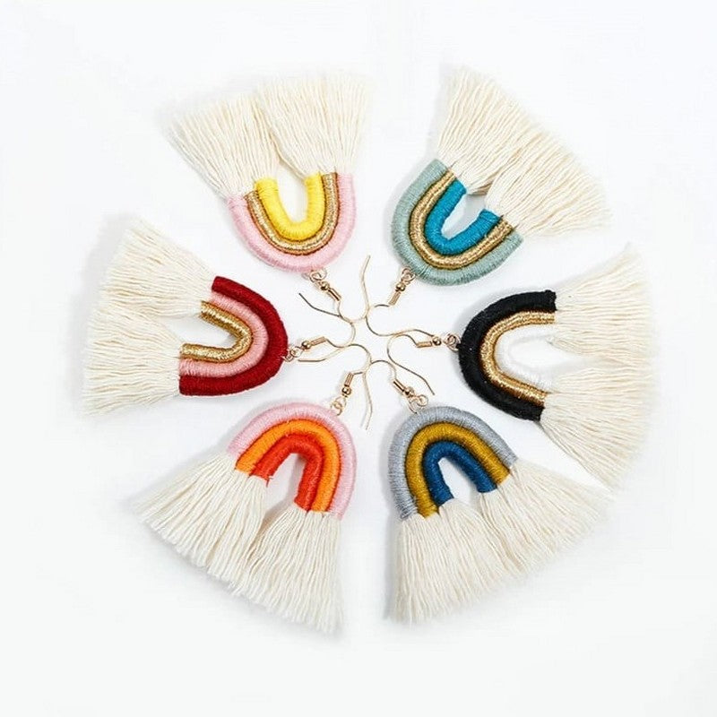Boucle d'Oreille Arc en Ciel Macramé Coton Naturel