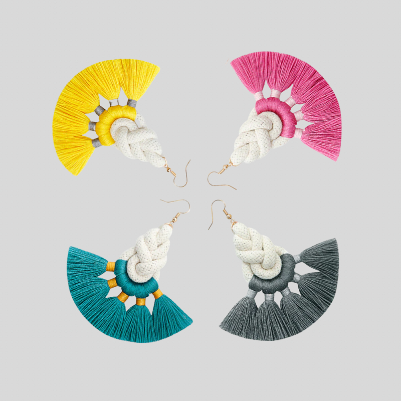 Boucle d'Oreille Macramé Tressé Coton Naturel