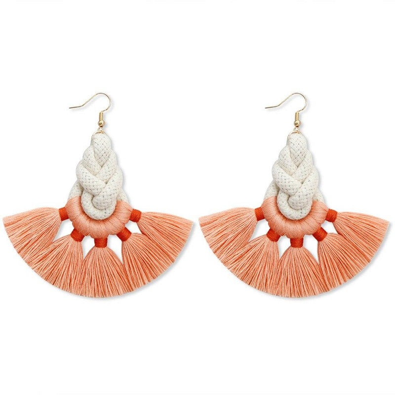 Boucle d'Oreille Macramé Tressé Coton Naturel