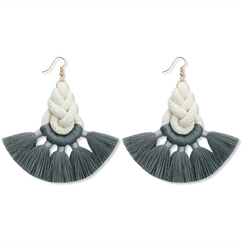 Boucle d'Oreille Macramé Tressé Coton Naturel