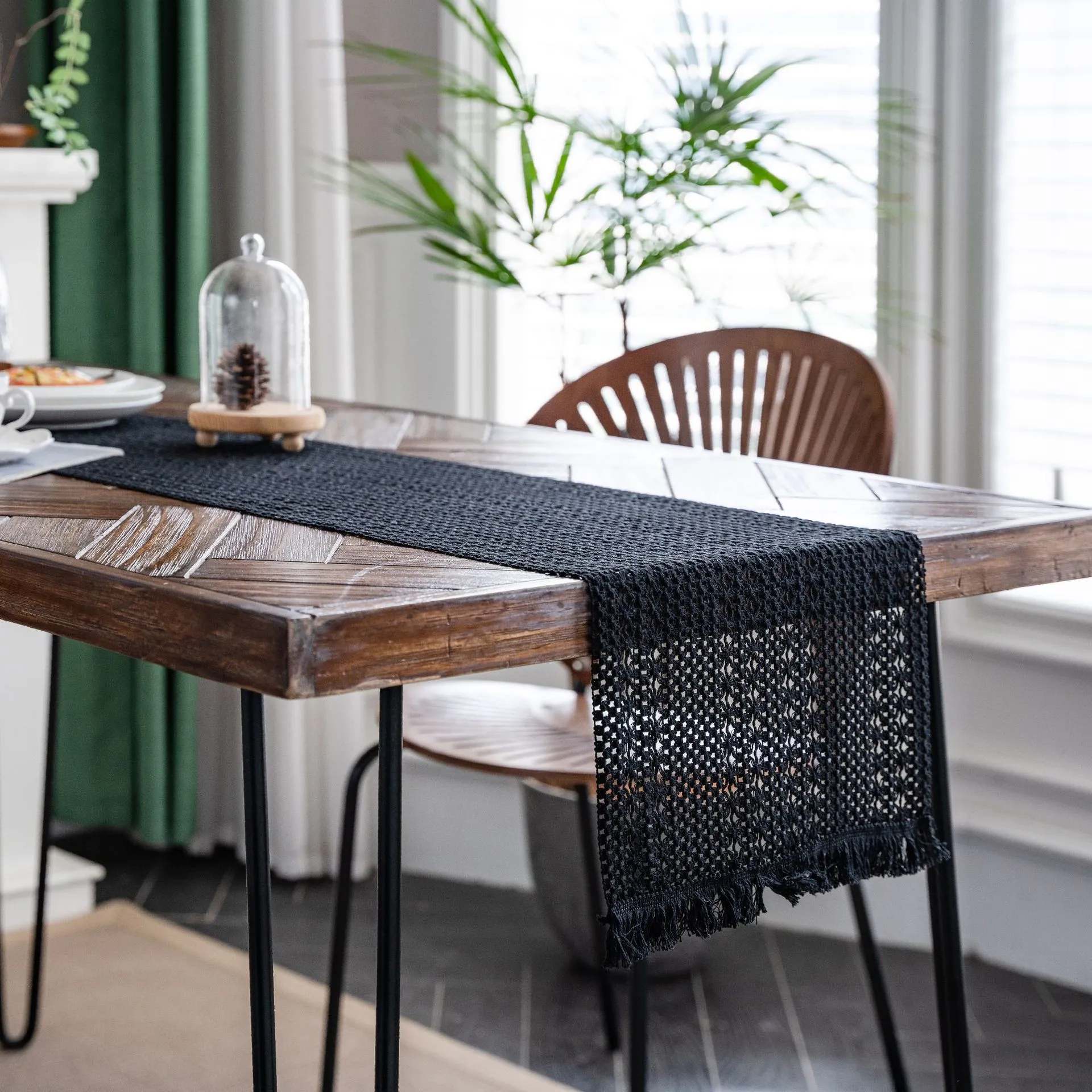 Chemin de Table Macramé Noir Coton Naturel