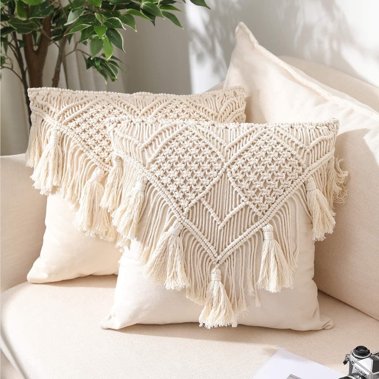 Coussin Macramé Beige Écru