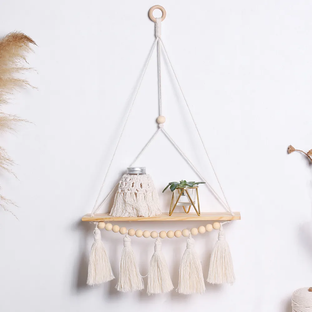 Étagère Macramé a Pompons en Bois Naturel