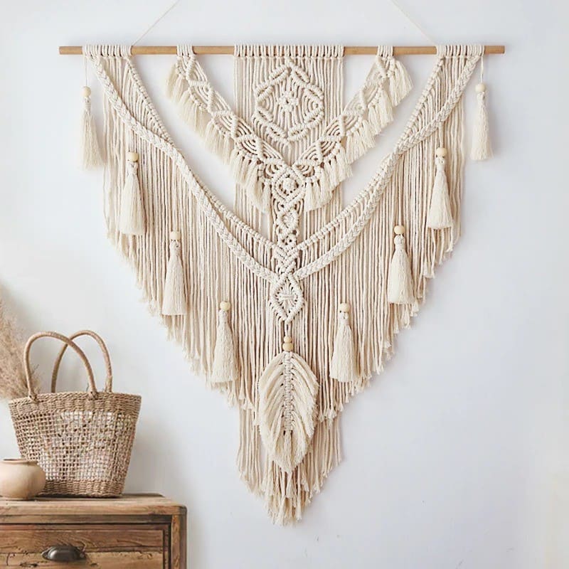 Grand Macramé Mural Beige Écru