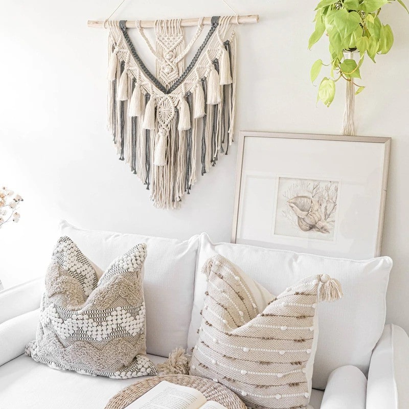 Grand Macramé Mural Bicolore Coton Naturel