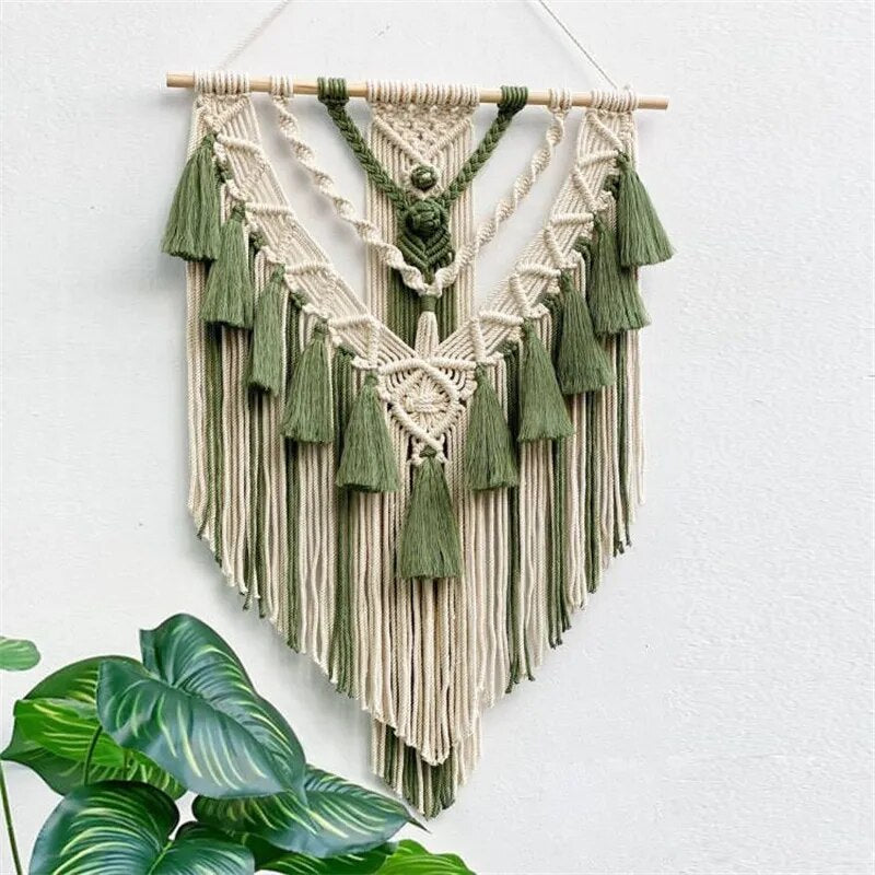 Grand Macramé Mural Vert Kaki Fait Main