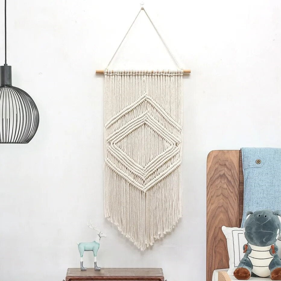 Long Macramé Mural Bohème Écru