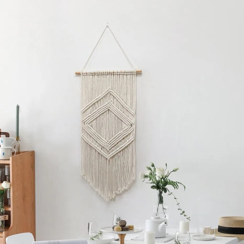 Long Macramé Mural Bohème Écru
