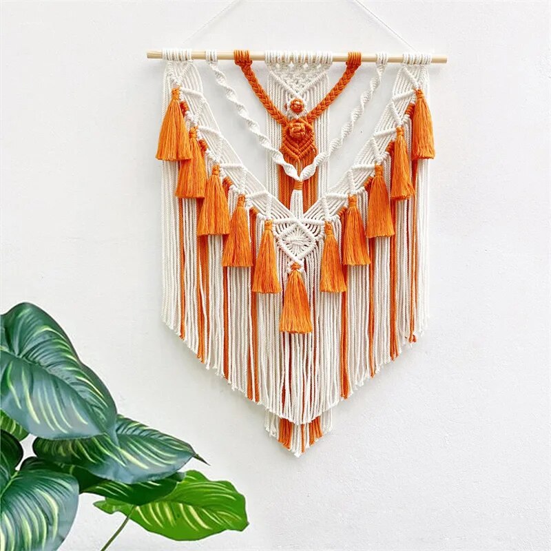 Macramé Mural Orange Grande Taille Fait Main