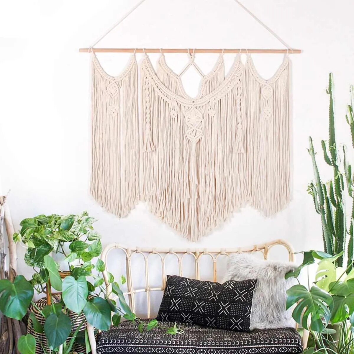 Macramé Mural Tête de Lit en Coton Naturel
