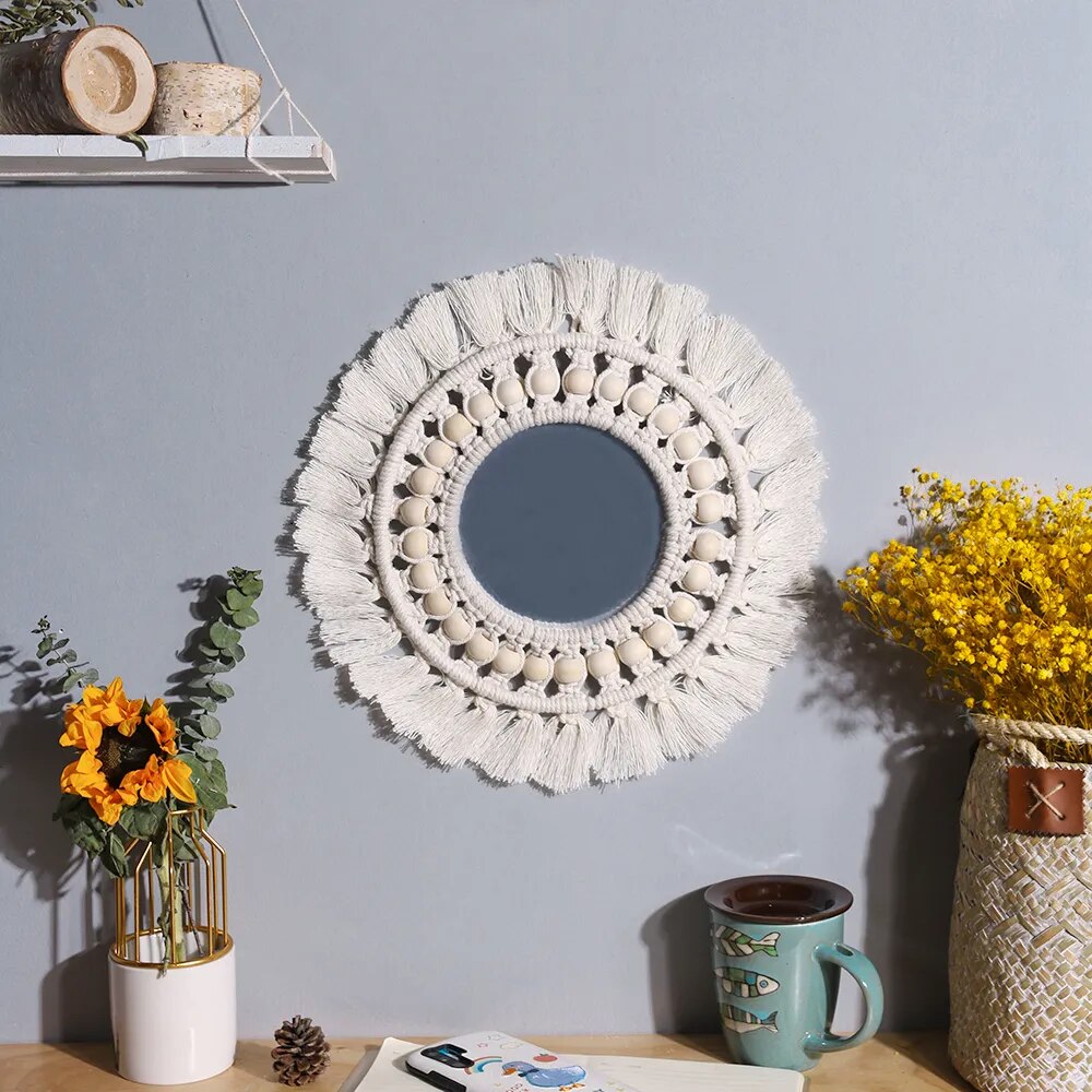 Miroir Perles Macramé Bois Naturel