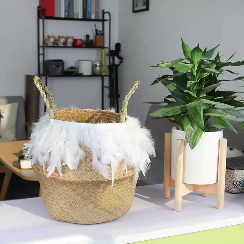 Panier Macramé Plume Blanche