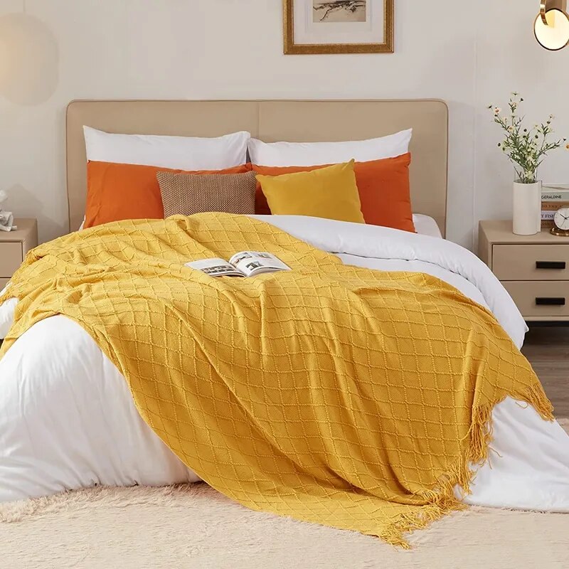 Plaid a Franges Jaune en Coton