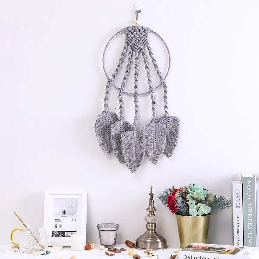 Plume Macramé Suspendu Gris Naturel