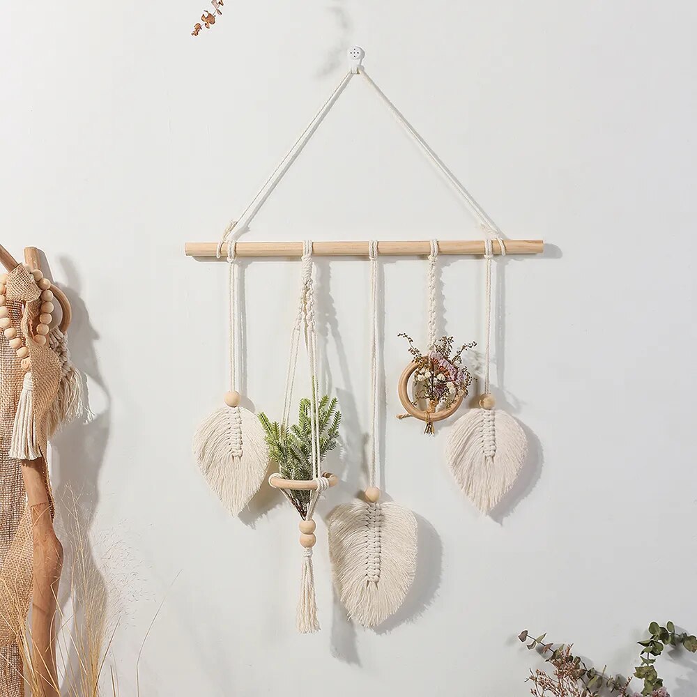 Plume Macramé Suspension Bois Naturelle