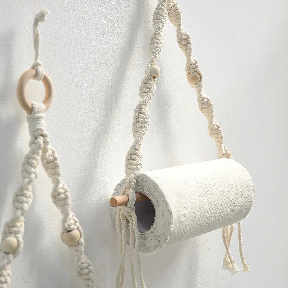 Porte Papier WC Macramé Perles Bois