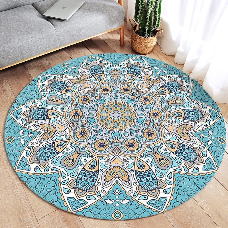 Tapis Rond Bohème Bleu Macramé