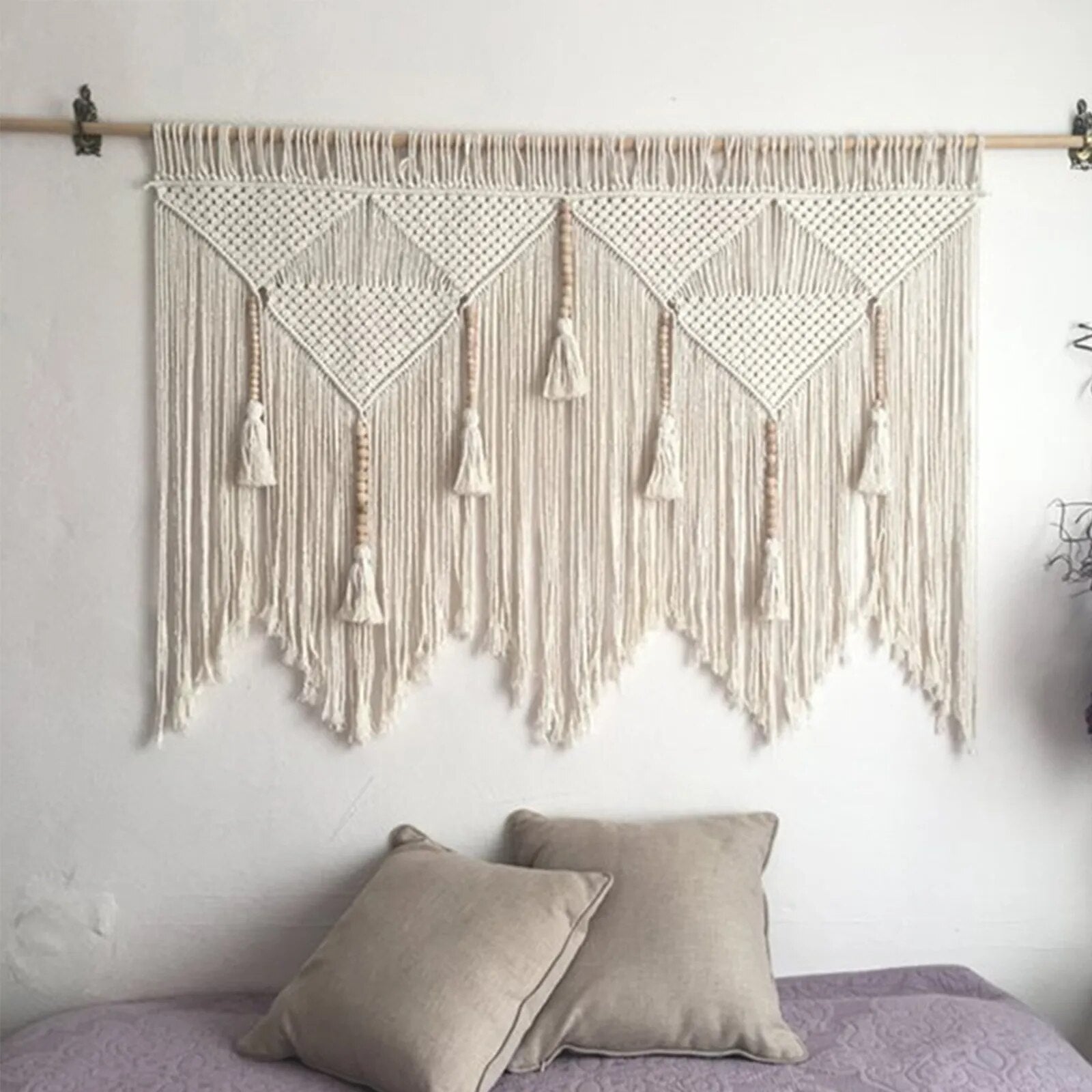 Tête de Lit Macramé Pompons Coton Naturel